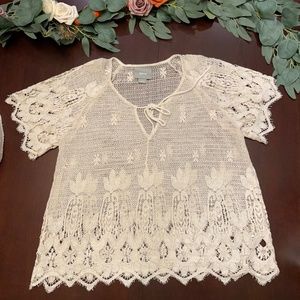 Anthropologie Maeve Crochet Women Top Large Ivory Cottage  Sheer Festival Fairy